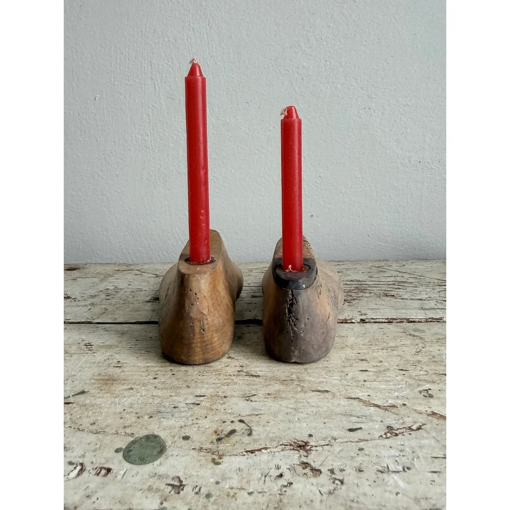 Vintage Wooden Child Shoe Candle Holders Last Taper Set of 2
